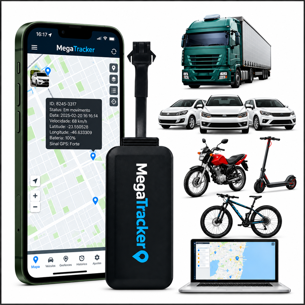 Rastreador Veicular 4G MegaTracker para carros, motos, caminhões e veículos elétricos